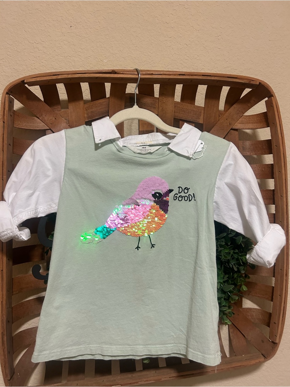 Girls Mint Green Sequin Bird Shirt with White Sleeves